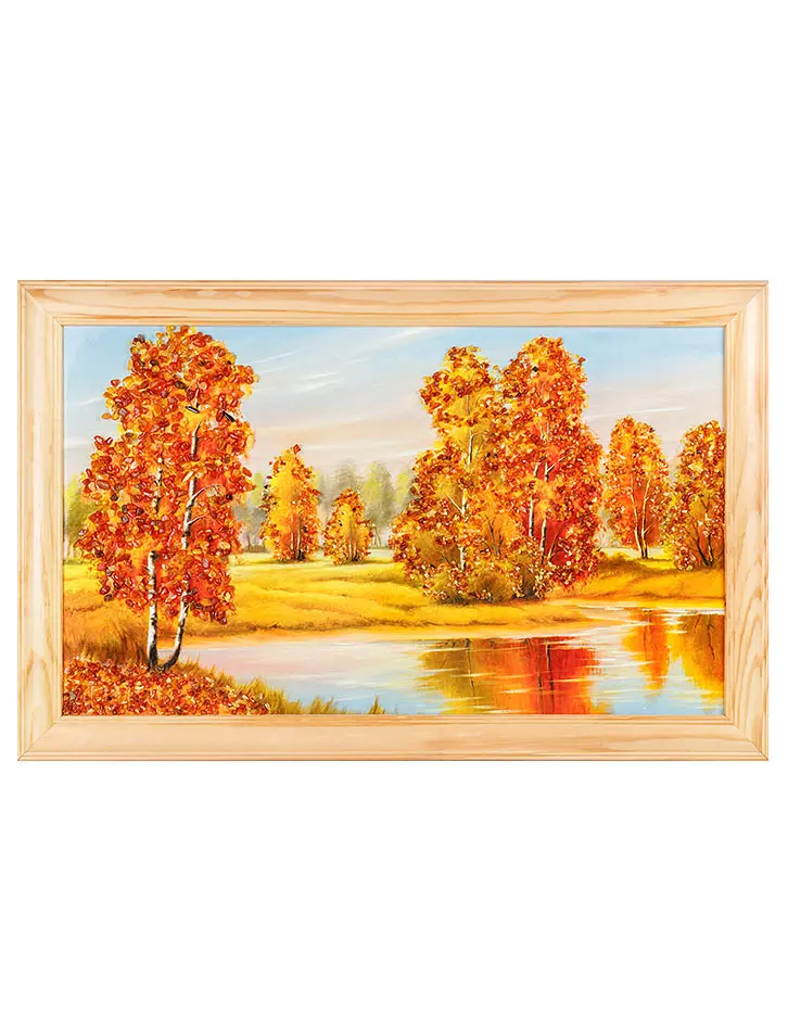 картинка Картина в светлой раме «Озеро в березовом лесу» с натуральным янтарём 52 см (Ш) х 33 см (В) в онлайн магазине