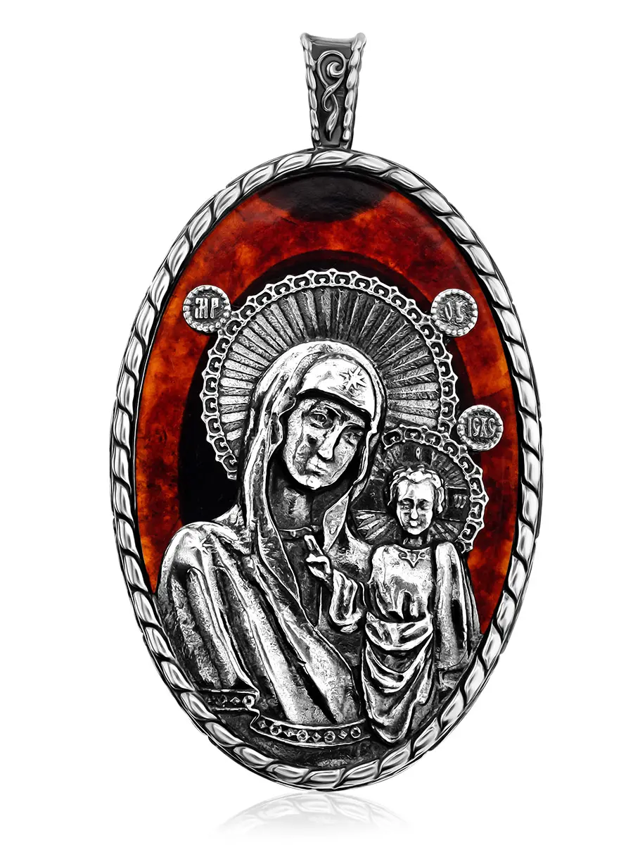картинка «Богоматерь Казанская». Подвеска-образок из полупрозрачного янтаря вишнёвого цвета в онлайн магазине