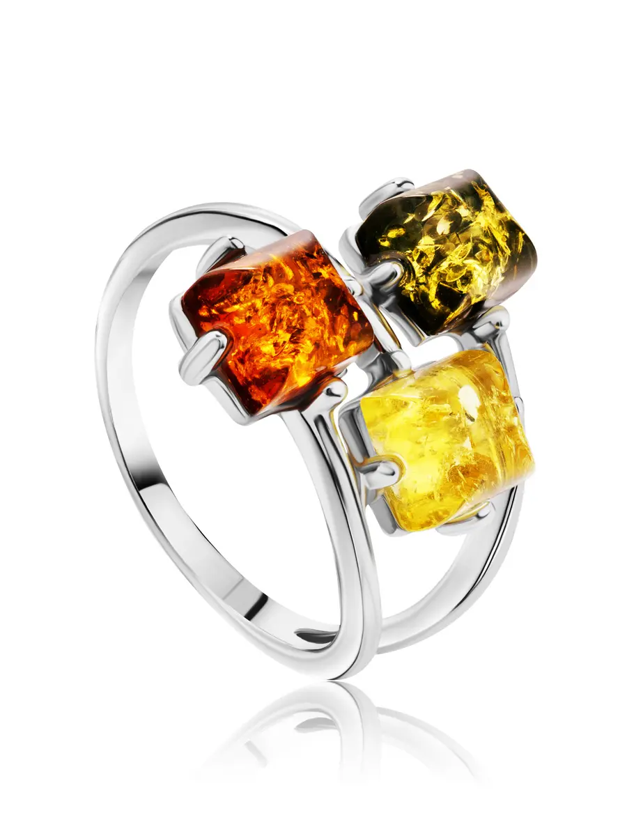 картинка Яркое стильное кольцо из серебра и янтаря разных цветов «Вернисаж» в онлайн магазине
