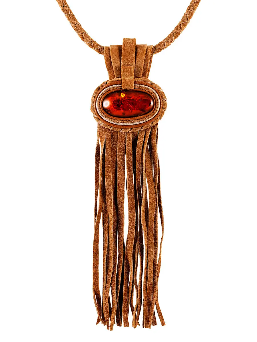 картинка Колье с подвеской из кожи и натурального янтаря «Амазонка» в онлайн магазине