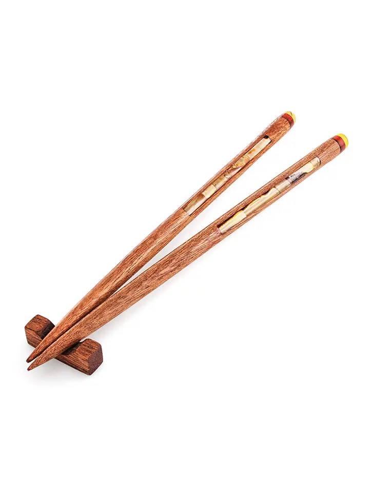 картинка Эксклюзивные китайские палочки для еды из натурального балтийского янтаря и красного дерева в онлайн магазине
