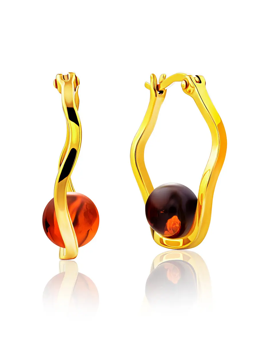 картинка Золочёные серьги-кольца с янтарём коньячного цвета Palazzo от  ifamore™ в онлайн магазине