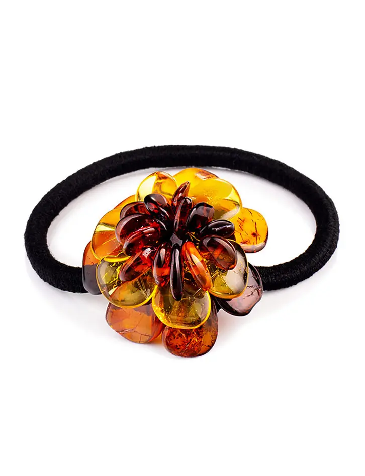 картинка Резинка для волос с цветком из натурального балтийского янтаря коньячного и лимонного цветов в онлайн магазине