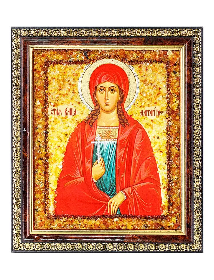 картинка Именная икона с натуральным балтийским янтарём «Святая великомученица Марина (Маргарита)» в онлайн магазине