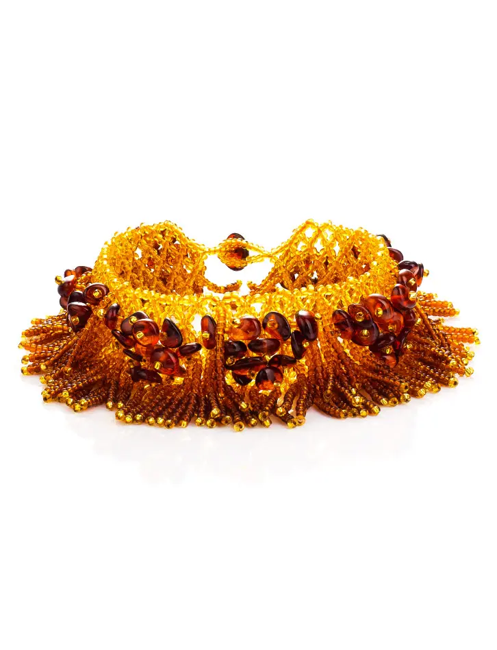 картинка Красивый объёмный браслет из бисера и натурального янтаря «Лукоморье» в онлайн магазине