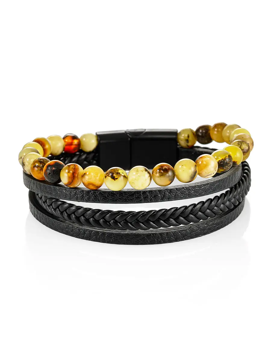 картинка Стильный мужской браслет из кожи и янтаря «Сильверстоун» в онлайн магазине