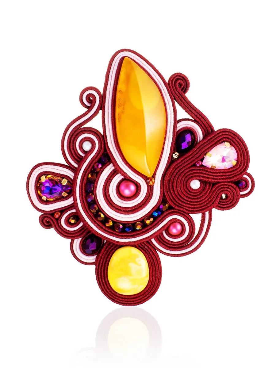 картинка Эффектная плетёная брошь, украшенная натуральным медовым янтарём «Индия» в онлайн магазине