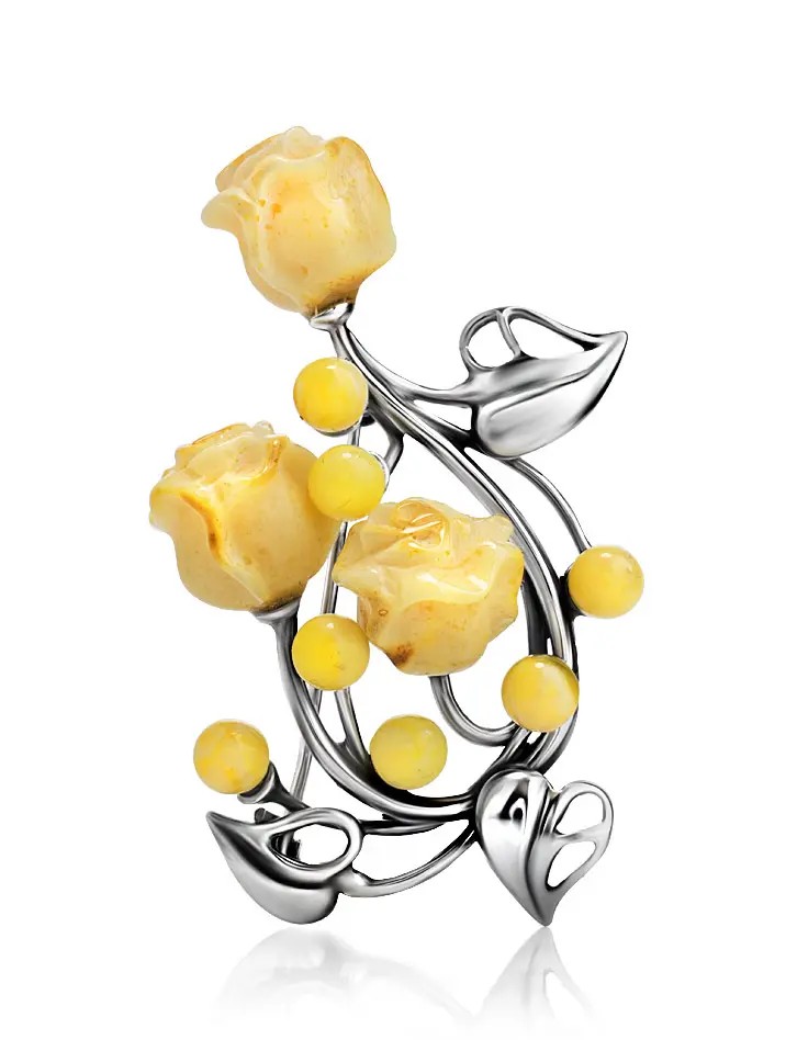 картинка Роскошная брошь из серебра и янтаря медового цвета «Роза» в онлайн магазине