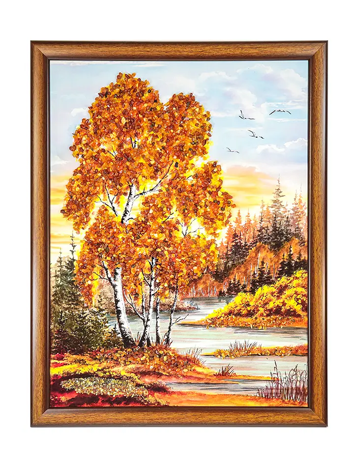 картинка Вертикальная картина, украшенная россыпью натурального балтийского янтаря «Сибирский пейзаж» в онлайн магазине