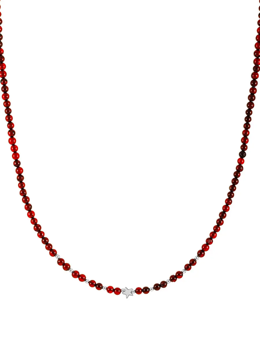 картинка Чокер из натурального янтаря вишнёвого цвета с гематитовой звёздочкой «Суперстар» в онлайн магазине