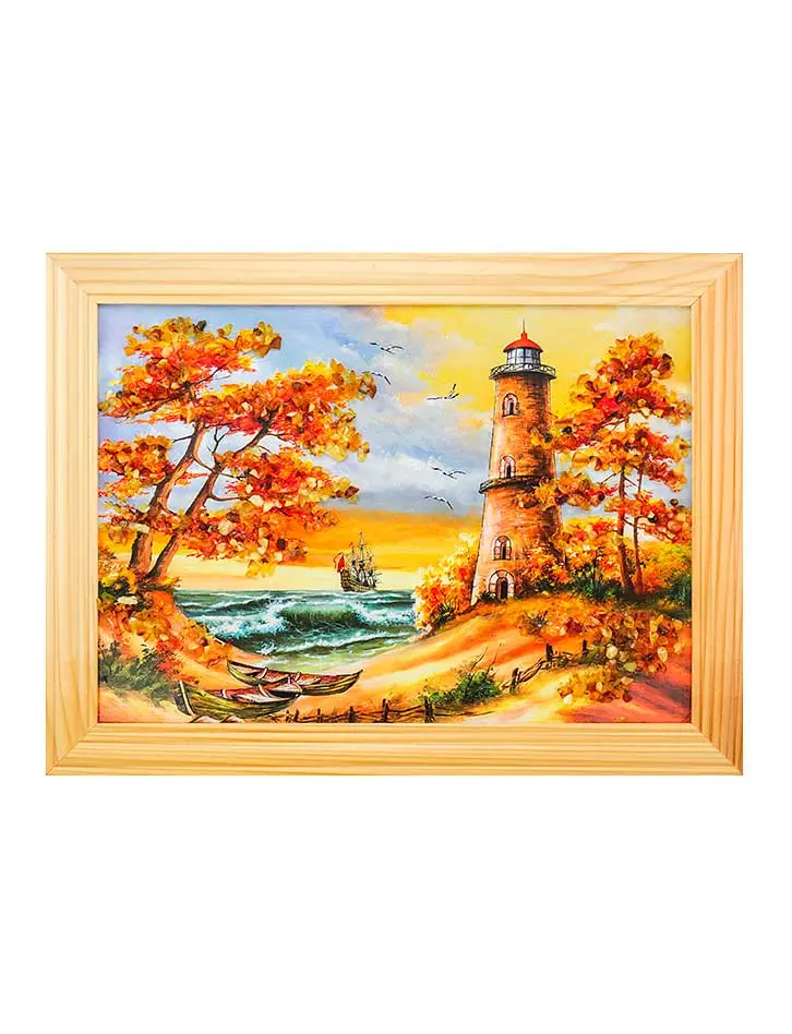 картинка Яркая картина с натуральным балтийским янтарём «Маяк в закатных лучах» 15 см (В) х 17 см (Ш) в онлайн магазине