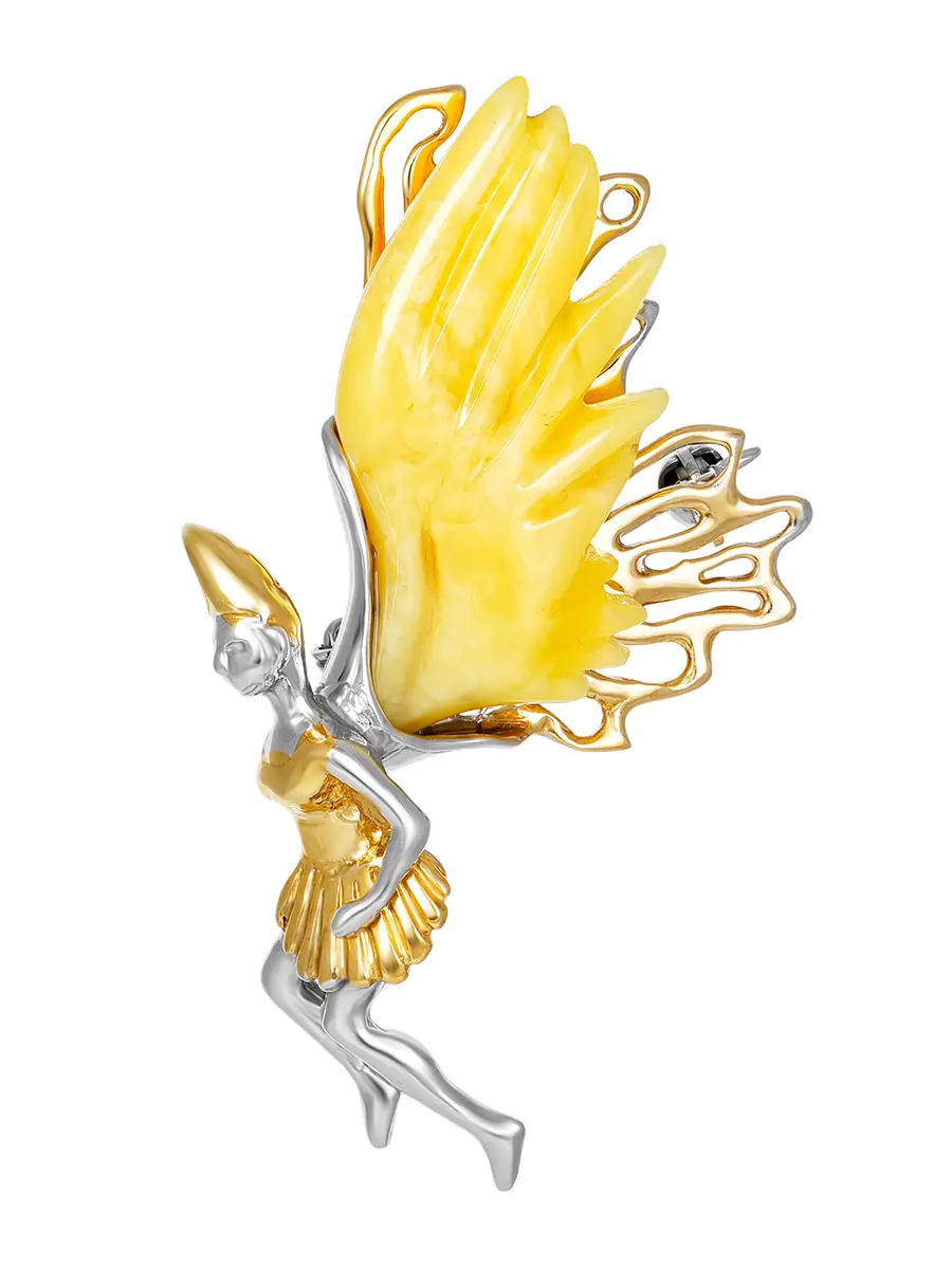 картинка Очаровательная брошь из серебра с позолотой и натурального медового янтаря «Фейри» в онлайн магазине