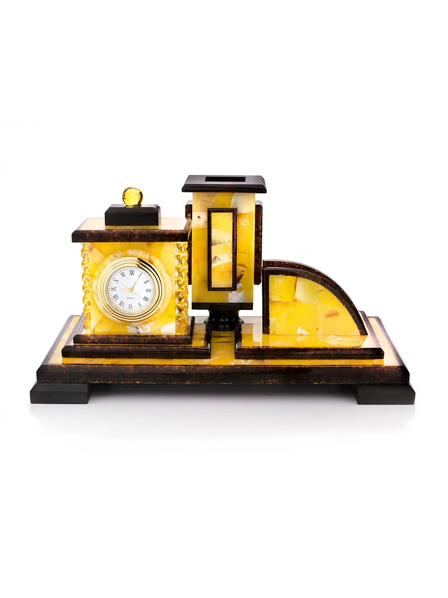 картинка Настольный набор с карандашницей и часами из натурального балтийского янтаря в онлайн магазине
