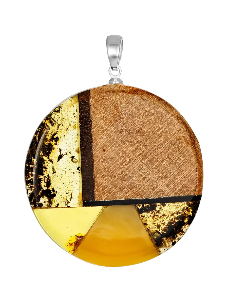картинка Подвеска круглой формы из дерева и натурального янтаря «Индонезия» в онлайн магазине