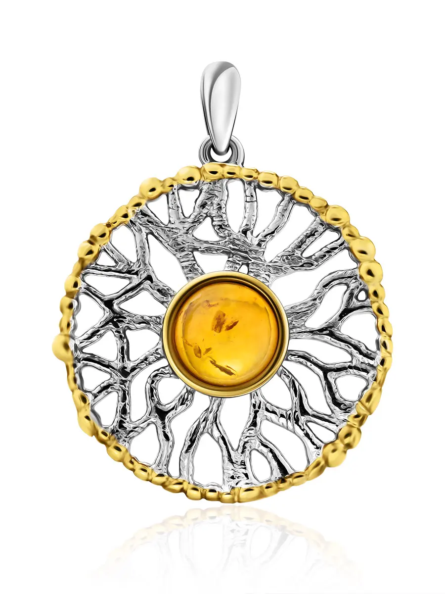 картинка Ажурный круглый кулон, украшенный янтарём «Алхимия» в онлайн магазине