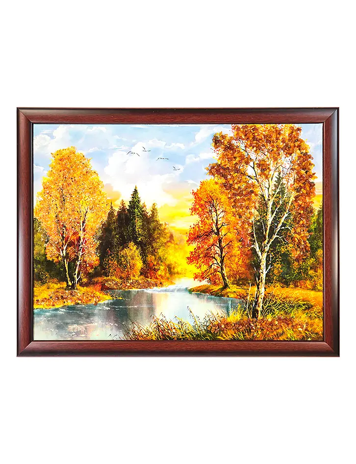 картинка Горизонтальная картина, украшенная натуральным балтийским янтарём «Лесной ручей» в онлайн магазине