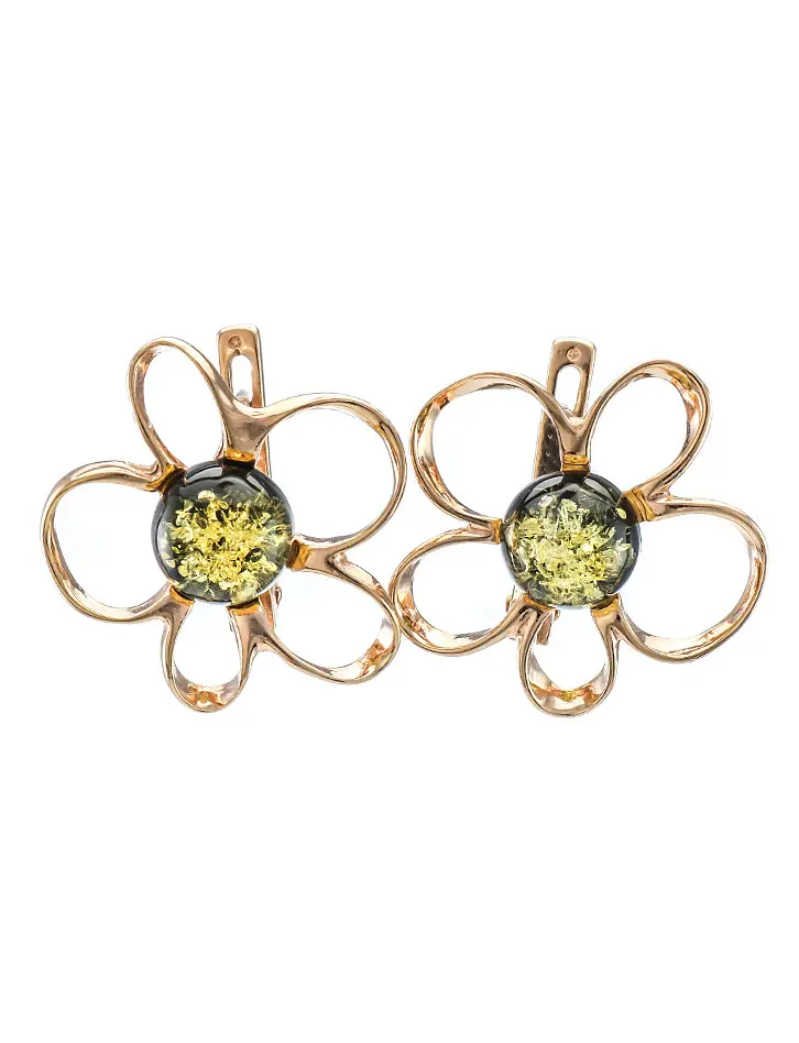 картинка Яркие серьги из золота с натуральным зелёным янтарём «Ромашка» в онлайн магазине