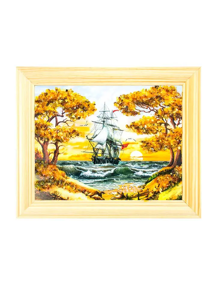 картинка Маленькая горизонтальная картина с янтарём «Парусник» 15 см (В) х 17 см (Ш) в онлайн магазине