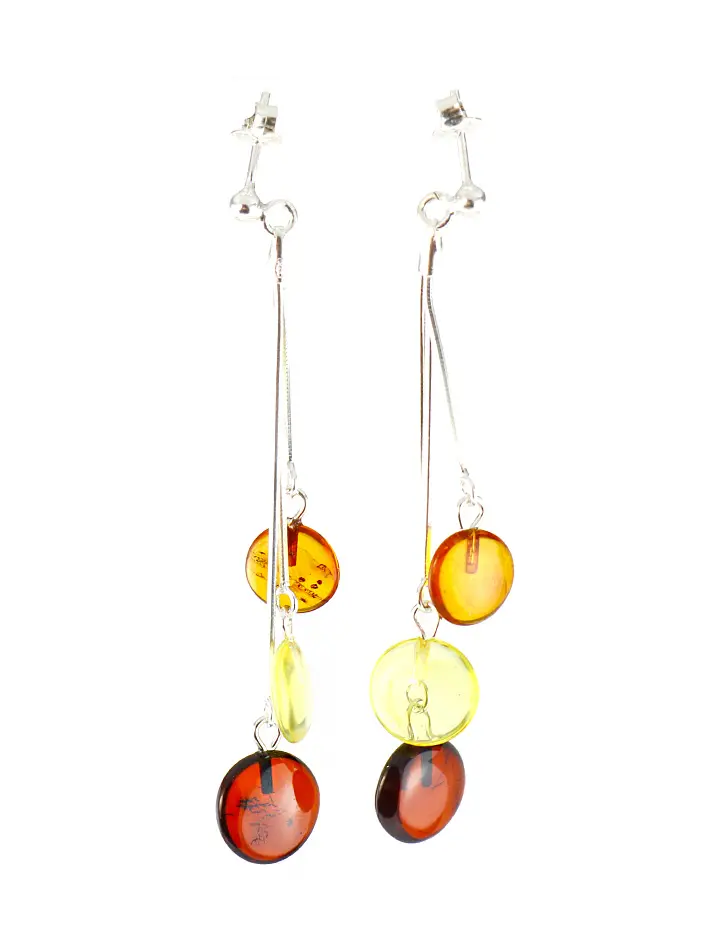 картинка Легкие нарядные серьги из янтаря на замочках-гвоздиках «Трехцветные пуговки» в онлайн магазине