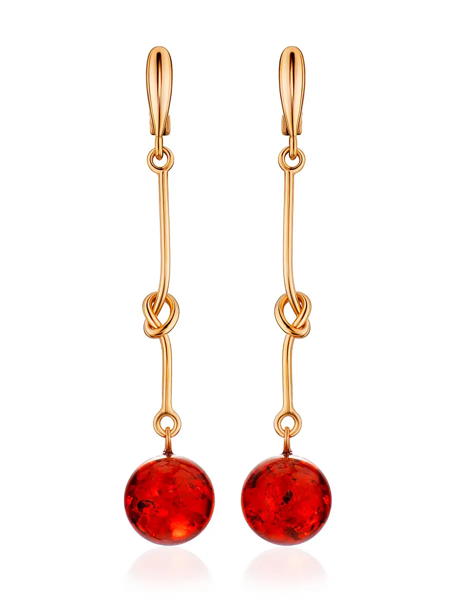 картинка Оригинальные серьги «Париж» из янтаря красного цвета и позолоченного серебра в онлайн магазине
