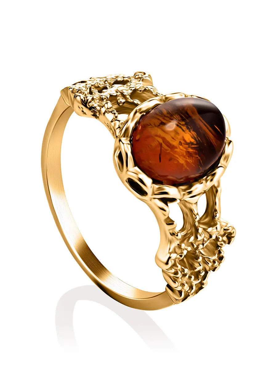картинка Позолоченное кольцо «Флоренция» с янтарём коньячного цвета в онлайн магазине