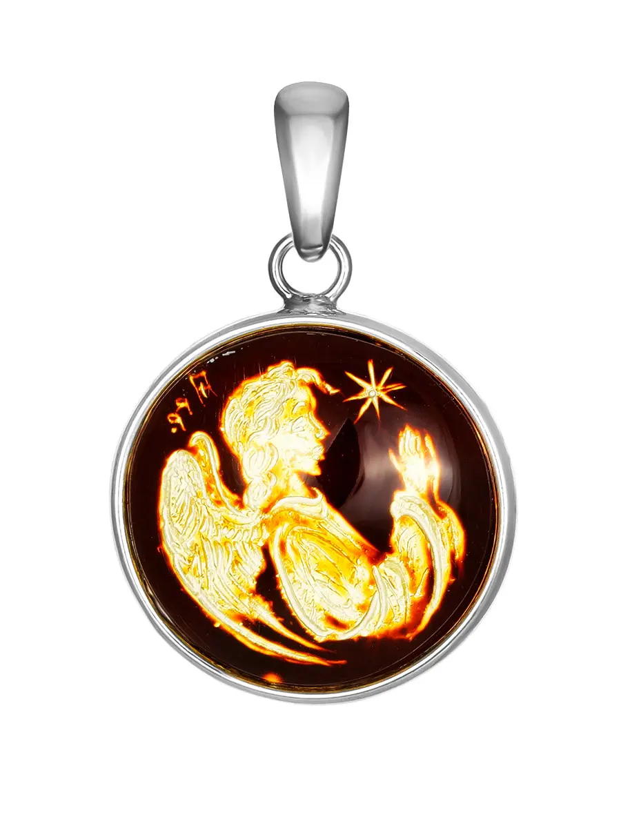 картинка Серебряная подвеска из цельного янтаря, украшенная резьбой «Ангел» в онлайн магазине