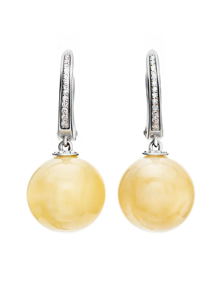 картинка Роскошные серьги из белого золота с медовым янтарём и бриллиантами «Юпитер» в онлайн магазине