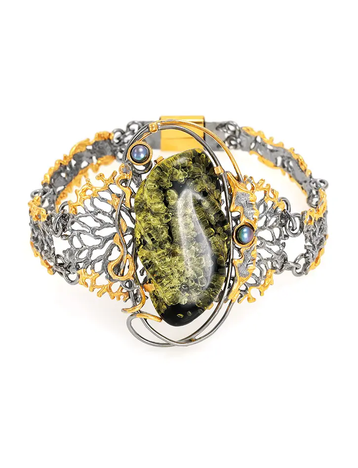 картинка Роскошный яркий браслет из зелёного янтаря и жемчуга «Версаль» в онлайн магазине