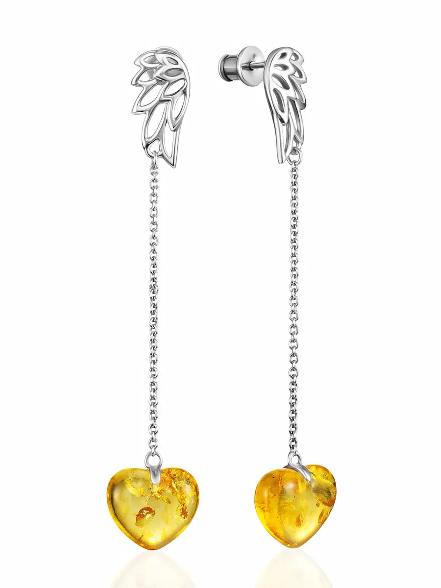 картинка Изящные серьги-цепочки с ярким лимонным янтарём «Сердце» в онлайн магазине