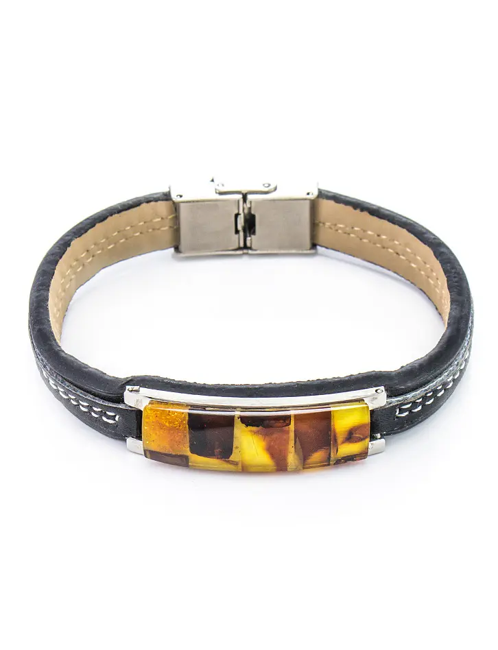 картинка Стильный мужской браслет из кожи, украшенный янтарной мозаикой «Сильверстоун» в онлайн магазине
