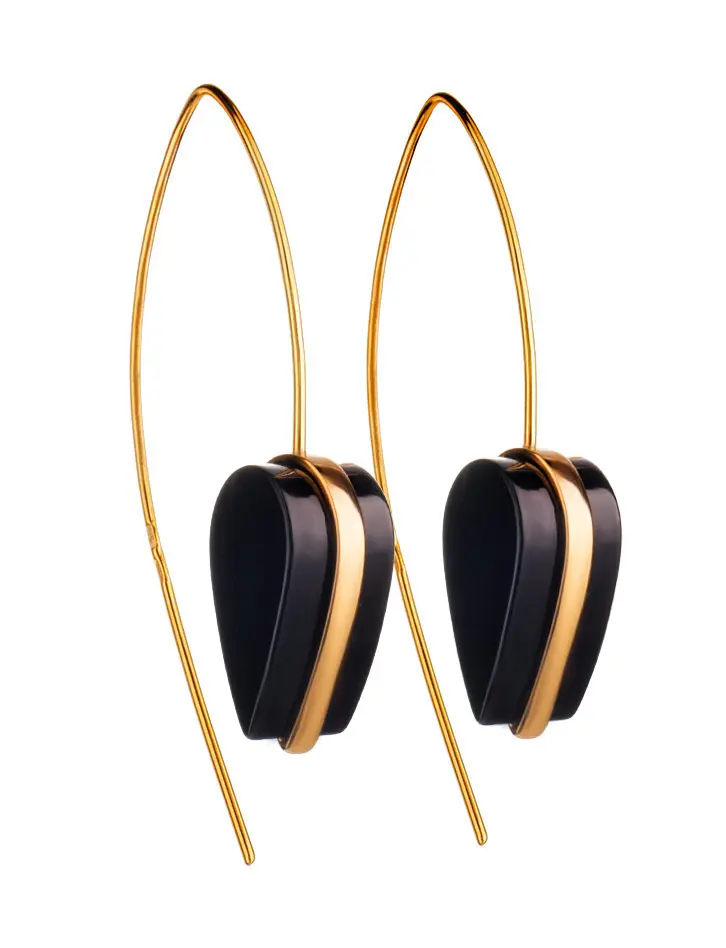 картинка Позолоченные серьги-крючки с тёмно-вишнёвым янтарём «Импульс» в онлайн магазине