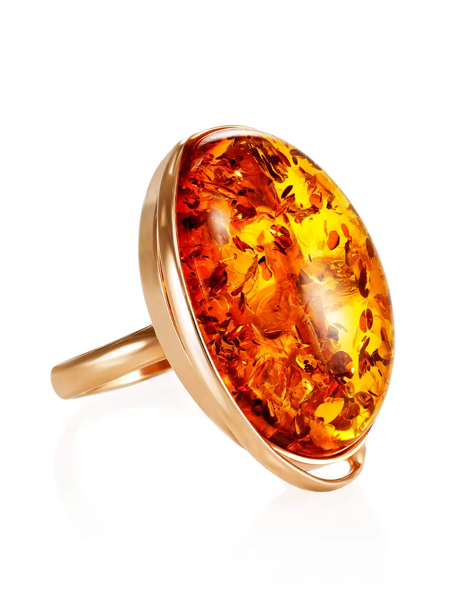 картинка Эффектное кольцо из коньячного янтаря в серебре с позолотой «Лагуна» в онлайн магазине
