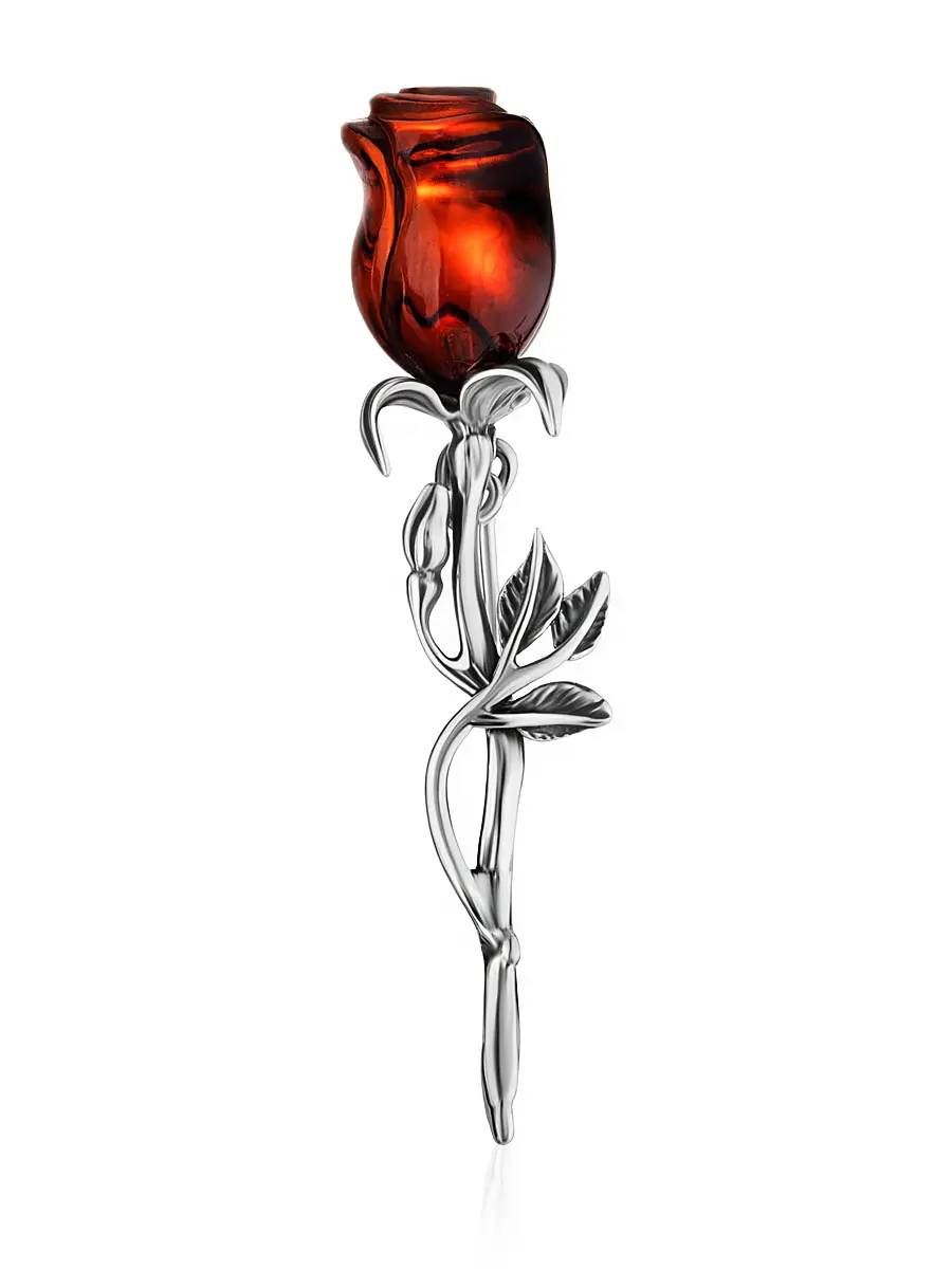 картинка Изящная брошь из серебра 925 пробы и янтаря вишнёвого цвета «Роза» в онлайн магазине