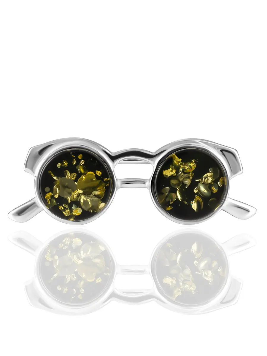 картинка Небольшая оригинальная брошь с коньячным янтарём «Очки» в онлайн магазине