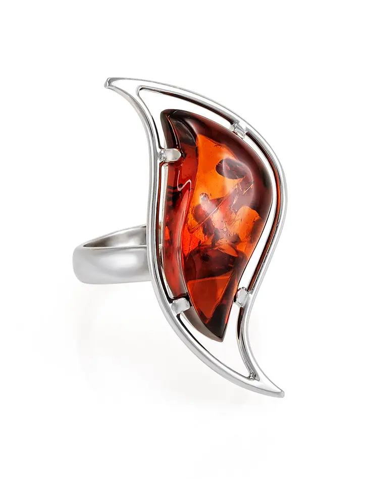 картинка Изящное кольцо из серебра и натурального янтаря коньячного цвета «Палладио» в онлайн магазине