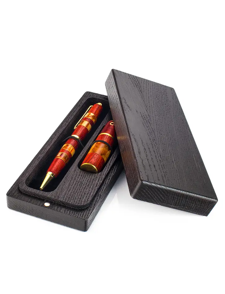 картинка Комплект из ручки и флеш-карты с натуральным янтарём в подарочном футляре в онлайн магазине