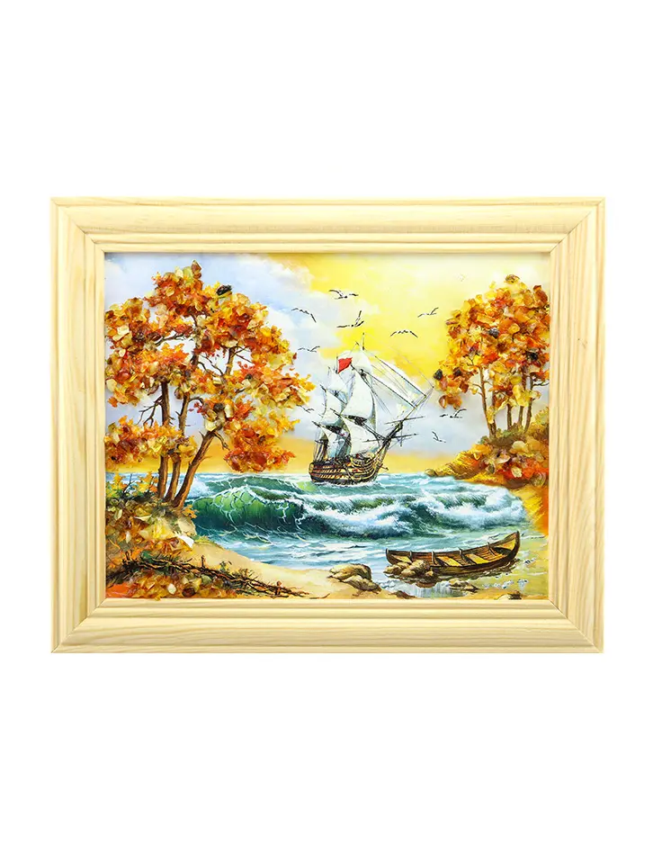 картинка Небольшое горизонтальное панно, украшенное янтарем «Парусник в волнах» в онлайн магазине