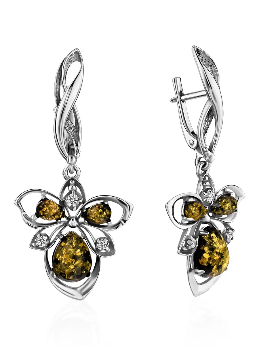 картинка Роскошные серьги из серебра с натуральным балтийским янтарём и кристаллами «Эдельвейс» в онлайн магазине