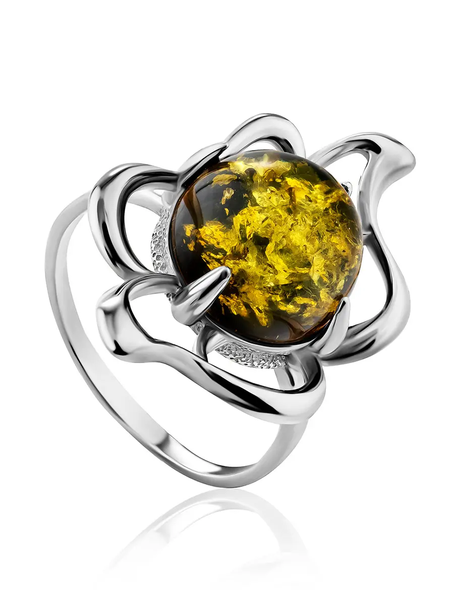 картинка Серебряное кольцо с зелёным искрящимся янтарем «Юнона» в онлайн магазине
