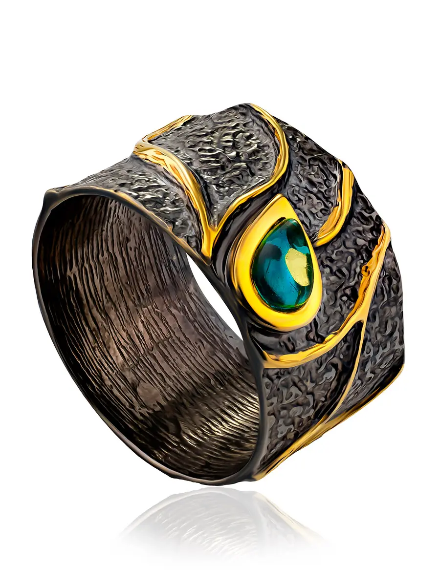 картинка Потрясающее широкое кольцо из чернёного серебра и ярко-голубого янтаря «Элементаль» в онлайн магазине