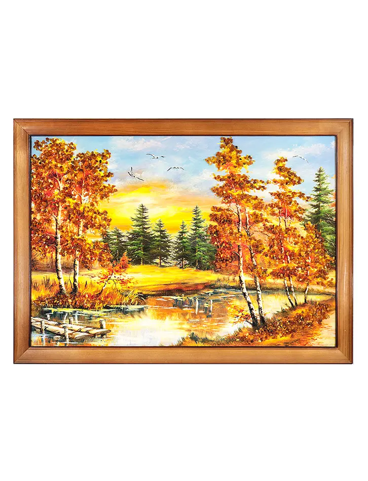 картинка Горизонтально ориентированная картина, украшенная натуральным балтийским янтарём «Лесной пруд» в онлайн магазине