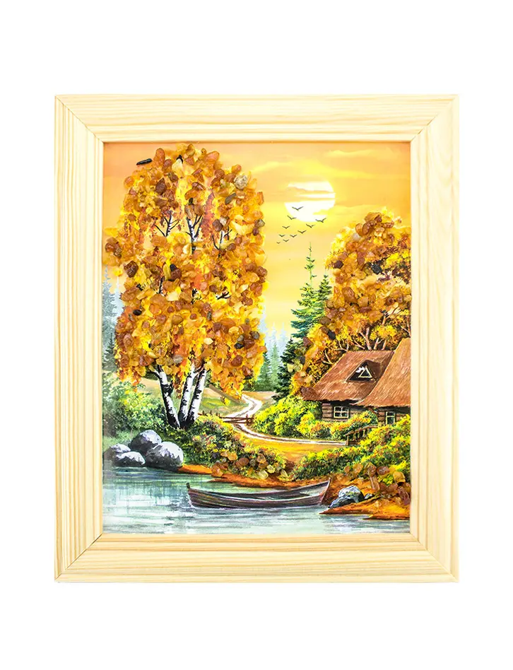 картинка «Домик у реки». Небольшая вертикально ориентированная картина, украшенная янтарем в онлайн магазине