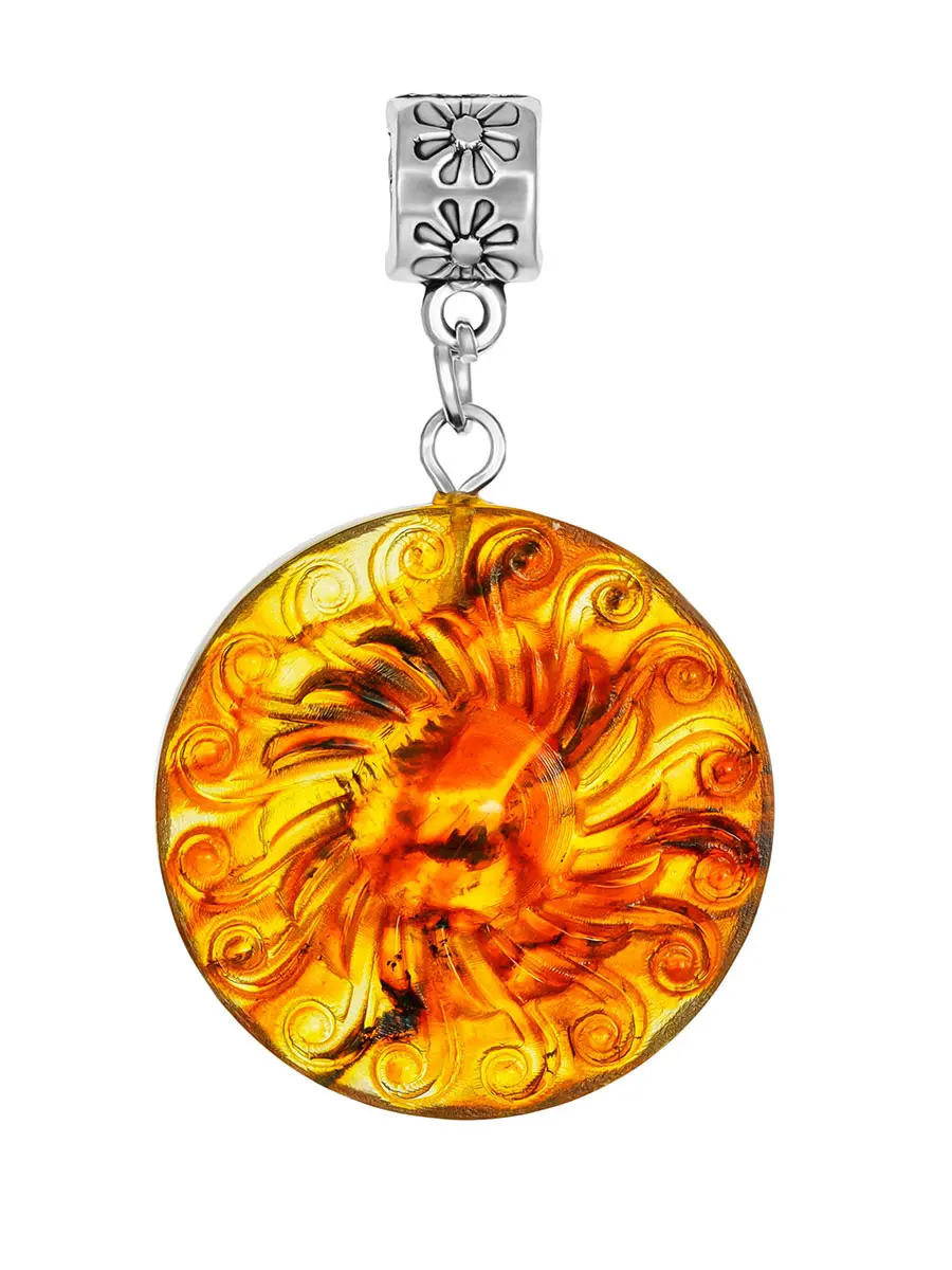 картинка Подвеска из натурального янтаря коньячного оттенка с резьбой «Солнце» в онлайн магазине