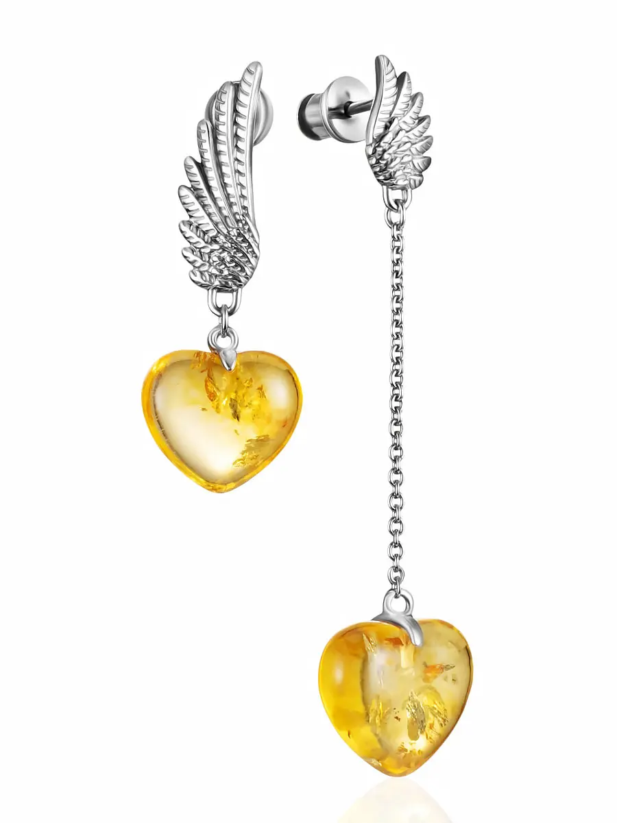картинка Серьги-гвоздики с лимонным янтарём в романтичном дизайне «Сердце» в онлайн магазине