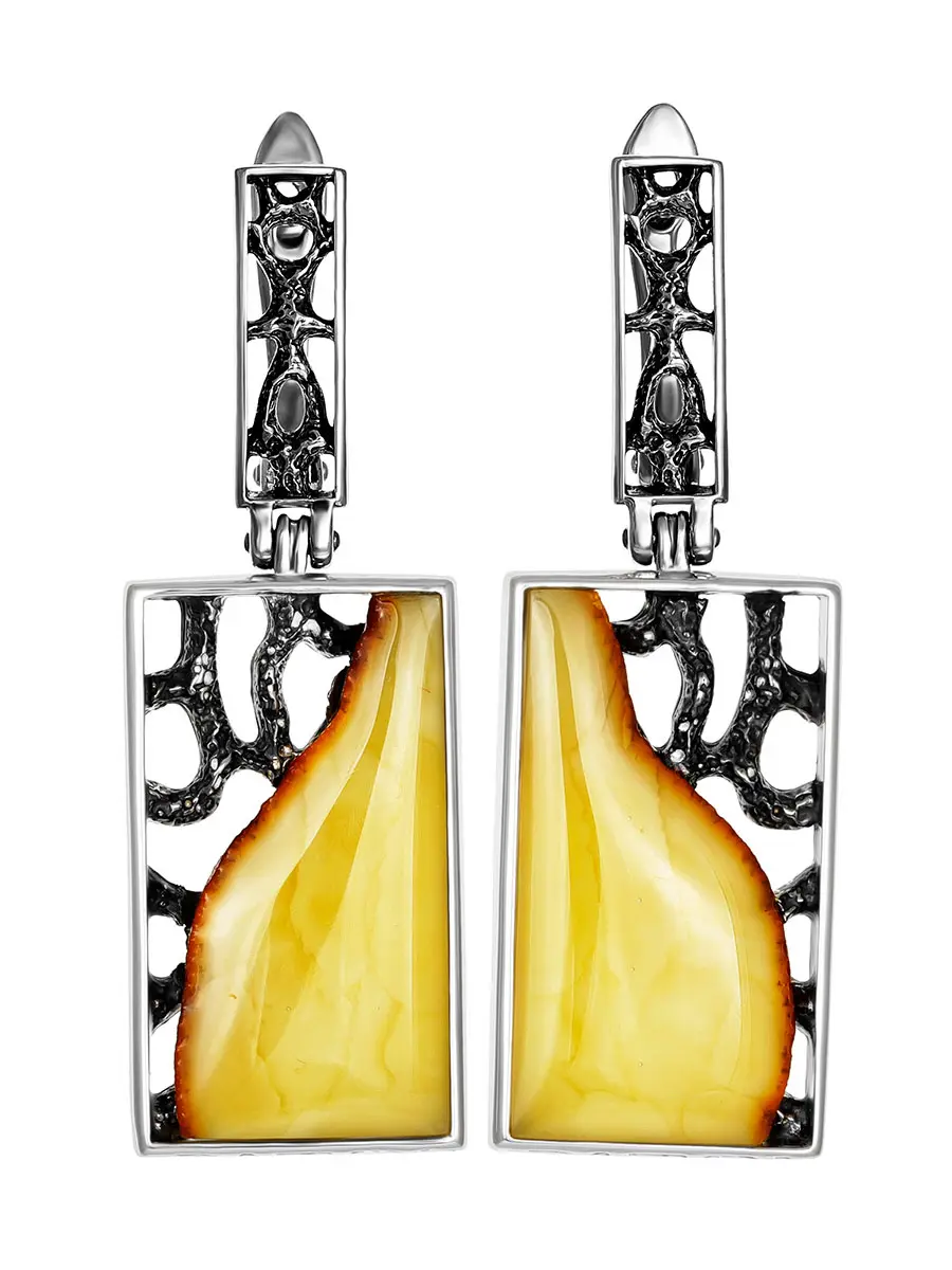 картинка Серебряные серьги «Модерн» с натуральным текстурным янтарём в онлайн магазине