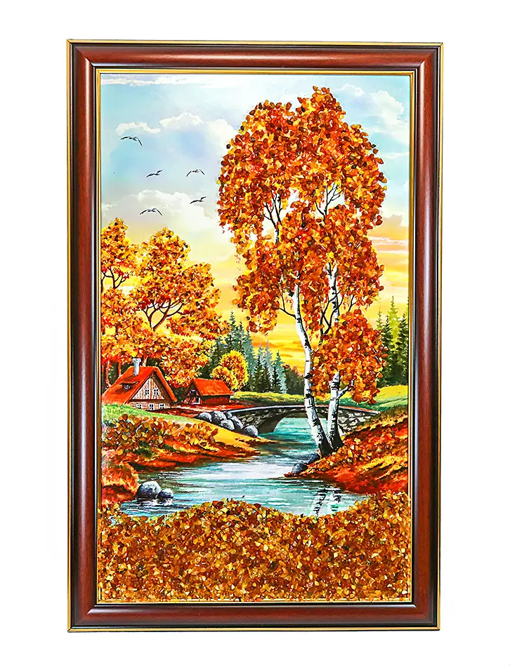 картинка Крупная вертикальная картина с натуральным янтарем «Домики у реки» в онлайн магазине