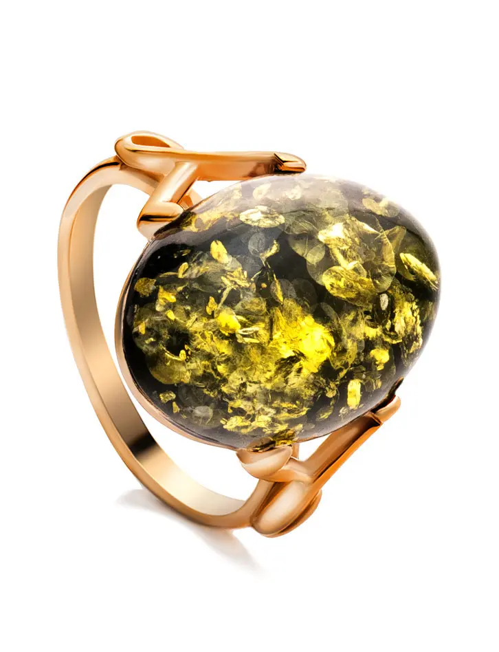картинка Элегантное кольцо «Неаполь» из позолоченного серебра и янтаря зелёного цвета в онлайн магазине