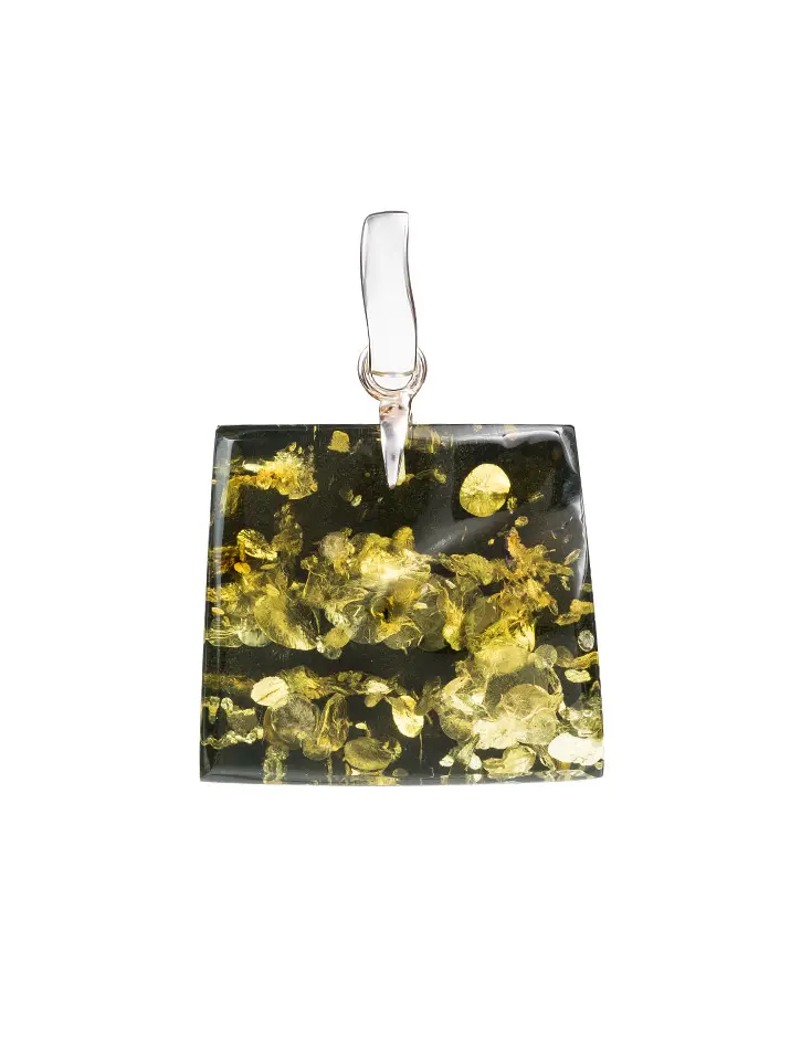 картинка Кулон из натурального цельного янтаря зелёного цвета и серебра в онлайн магазине