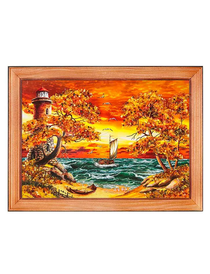 картинка Яркое панно, украшенное натуральным балтийским янтарём «Морской пейзаж» 17 см (В) х 24 см (Ш) в онлайн магазине