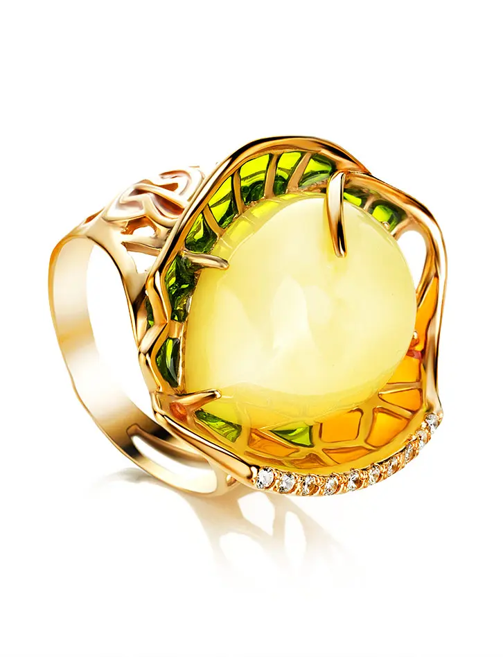 картинка Красивое кольцо из позолоченного серебра с янтарём и эмалью Verona в онлайн магазине
